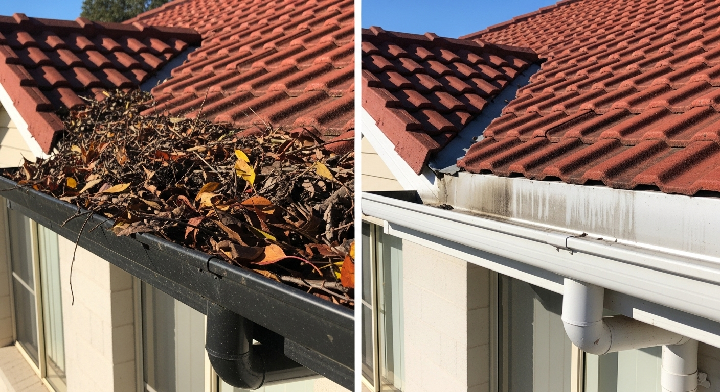 Before and after gutter cleaning comparison