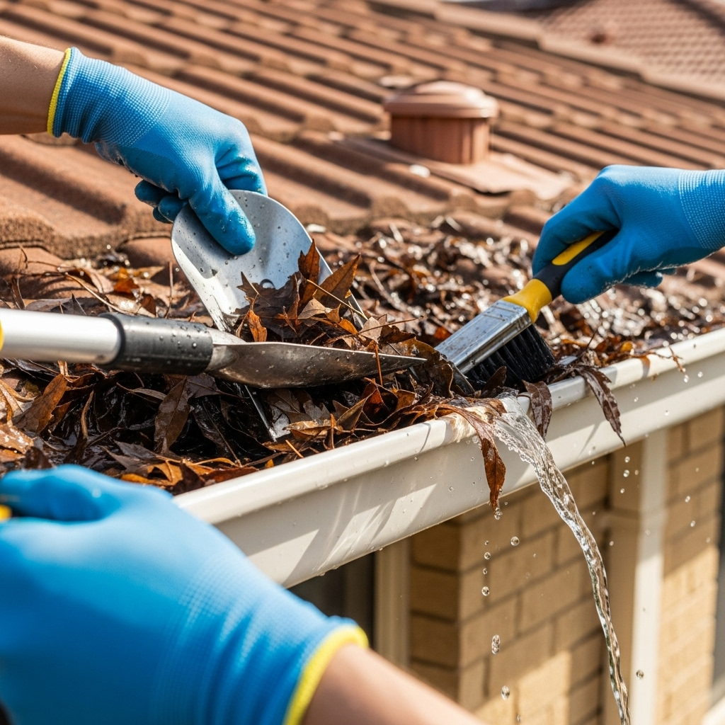 Detailed gutter cleaning process close-up