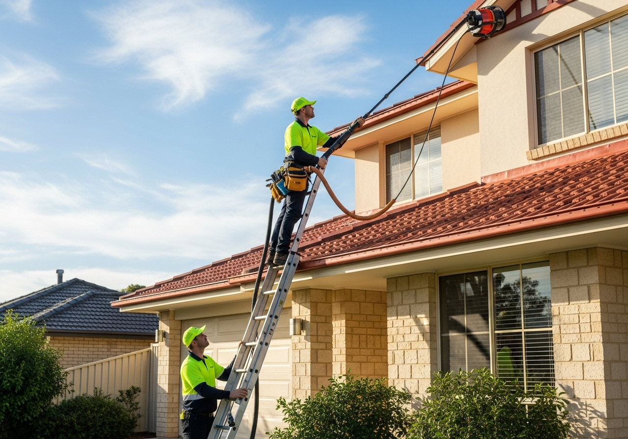 Professional gutter cleaning team in action
