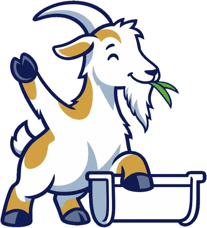 The Gutter Goat mascot cheering beside a clean gutter after the job