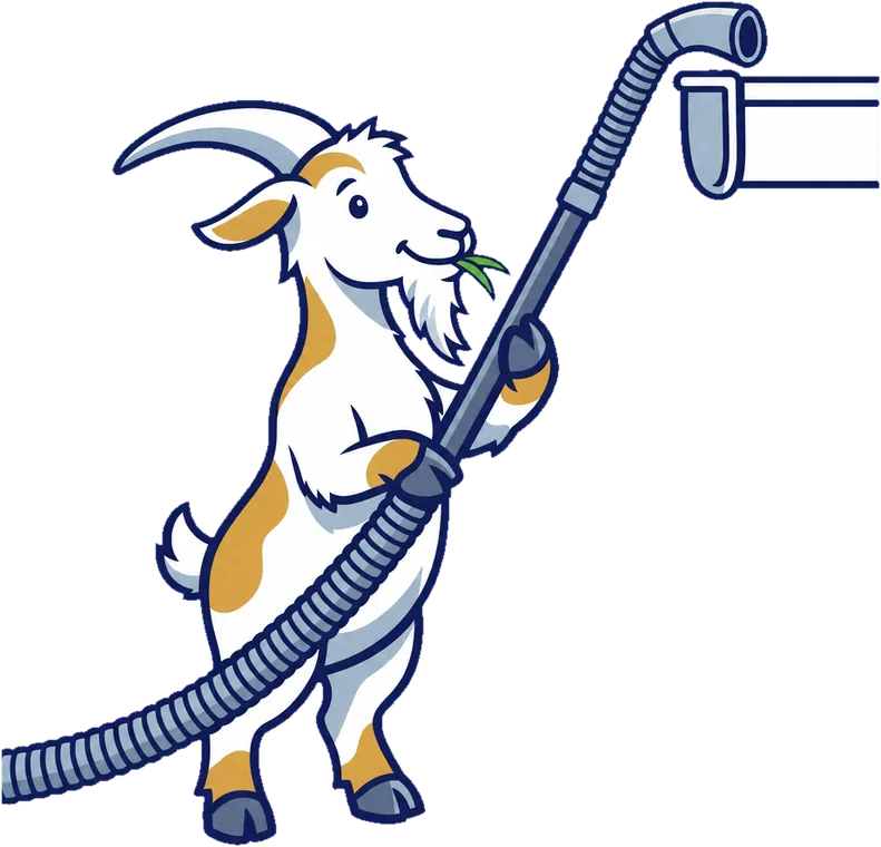The Gutter Goat mascot standing on the ground, reaching a long vacuum pole up to a gutter