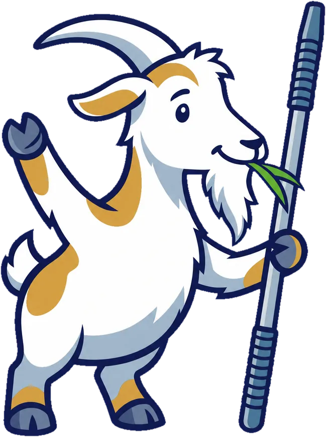 Gutter Goat mascot waving with a cleaning pole