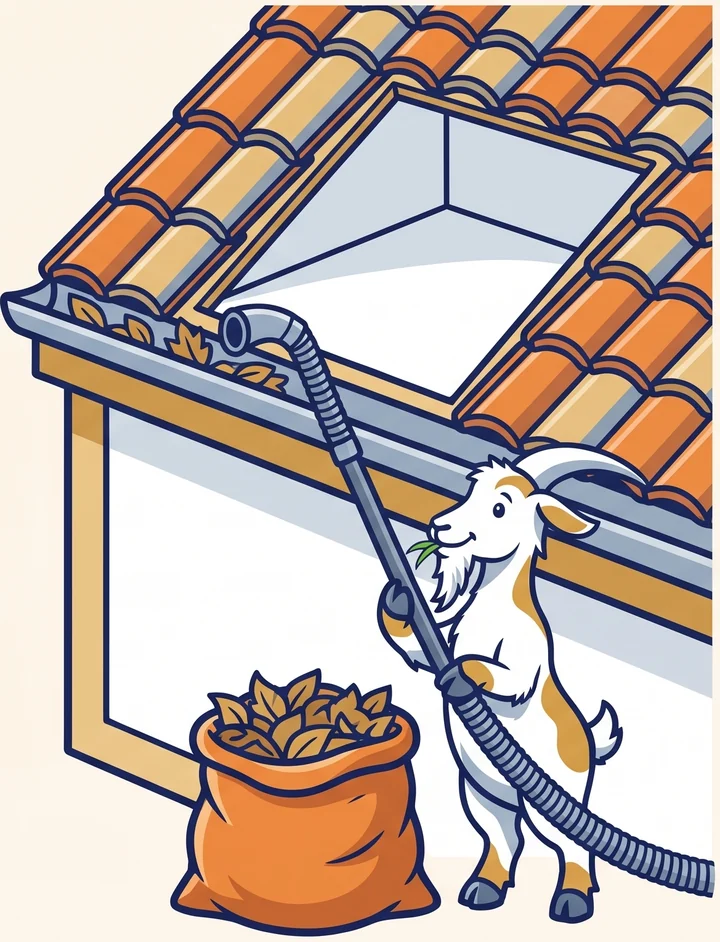 Drawing: the Gutter Goat on the ground vacuuming the gutter with a long pole, the roof cavity clean and a full sack of leaves beside him